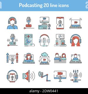 Jeu d'icônes de lignes de couleurs de podcasting. Pictogrammes pour la page Web, Illustration de Vecteur