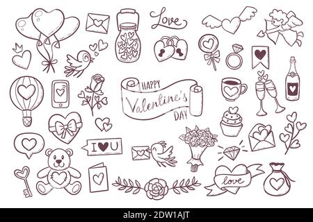 Ensemble de jolis éléments dessinés à la main sur l'amour. Éléments de conception isolés sur blanc. Bonne Saint Valentin. Illustration du vecteur EPS 10. Illustration de Vecteur