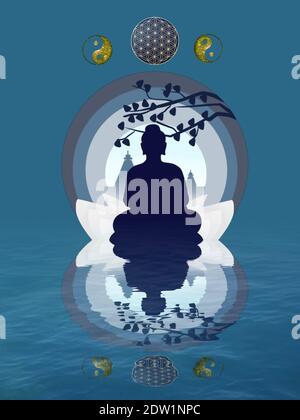 Fond spirituel pour la méditation avec la statue de bouddha et yin yang symbole isolé dans un arrière-plan de couleur Banque D'Images