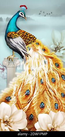 art mural 3d paon avec fleurs dorées et fond classique . peinture illustration art avec fleurs , papier peint décoratif et doré judéery . co Banque D'Images