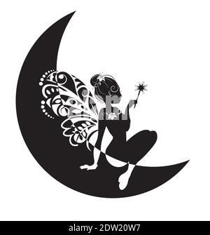 silhouette de fée avec ailes et baguette magique sur la lune, noir et blanc, image à la main dessin style de dessin animé pour t-shirt vêtements mode imprimé, gree Illustration de Vecteur