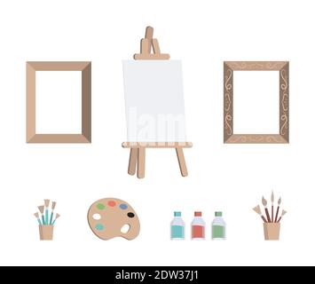 Ensemble d'outils d'art pour dessiner sur fond blanc. Cadres pour peintures, toile sur chevalet, tasse avec pinceaux, palette de couleurs avec peintures, canettes avec illustrations vectorielles plates. Concept de passe-temps créatif. Illustration de Vecteur