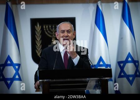 Jérusalem, Israël. 22 décembre 2020. Le Premier ministre israélien Benjamin Nethanyahu prononce une déclaration à la Knesset (Parlement) à Jérusalem, le mardi 22 décembre 2020. Netanyahou a déclaré : « nous ne voulions pas d'élections, mais nous allons gagner. » Photo de piscine par Yonatan Sindel/UPI crédit: UPI/Alay Live News Banque D'Images