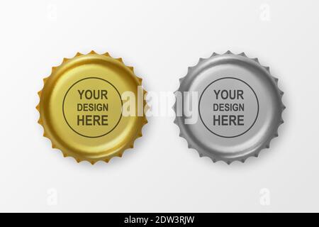 Vector 3d Realistic Metal Golden et Silver Grey bouchon de bouteille de bière ensemble d'icônes gros plan isolé sur fond blanc. Modèle de conception pour la maquette Illustration de Vecteur