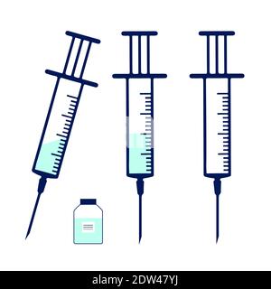 Jeu de seringues, un vide, avec liquide, et un flacon de vaccin, icon plat, objet isolé, isolé sur blanc. Illustration de Vecteur