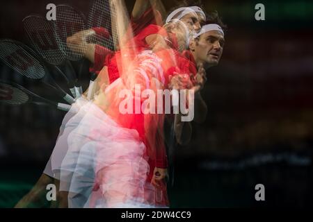 Roger Federer de Suisse en action lors de la coupe Davis 2014 demi Suisse contre Kazakhstan à Genève, Suisse, le 2 avril 2014. Photo de Loona/ABACAPRESS.COM Banque D'Images