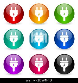 Elétricité, énergie, puissance, plug vector icons, ensemble de boutons de rendu 3d brillant colorés dans 9 options de couleur Illustration de Vecteur