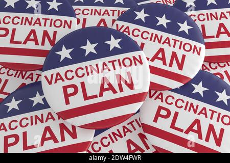 USA Politics badges: Pile de plans de vaccination boutons avec drapeau américain, illustration 3d Banque D'Images