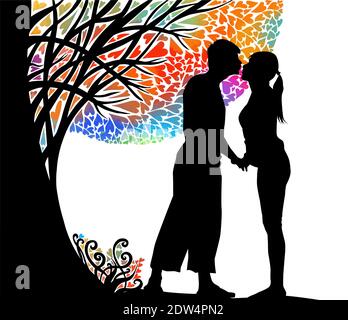 Un couple amoureux embrasse sous un arbre. Bonne Saint Valentin. Illustration vectorielle Illustration de Vecteur