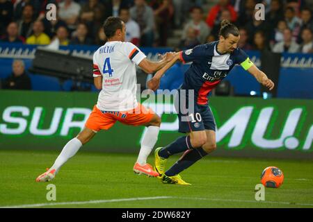 Zlatan Ibrahimovic du PSG - lutte contre le Vitorino Hilton de Montpellier lors du match de football de la Ligue française 1, PSG vs Montpellier à Paris, France, le 17 mai 2014. PSG a gagné 4-0. Photo de Henri Szwarc/ABACAPRESS.COM Banque D'Images