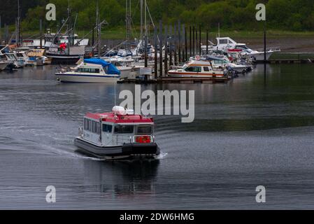 Juneau, Alaska, États-Unis -- 30 avril 2016. Un bateau d'observation des baleines quitte une marina et se dirige vers la mer. Banque D'Images