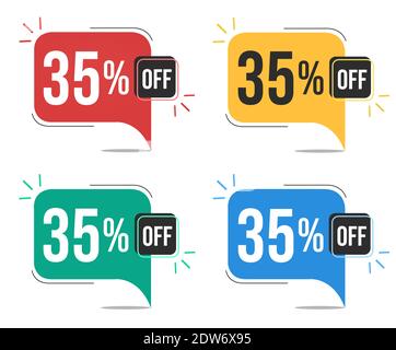 35 % de réduction. Étiquettes rouges, jaunes, vertes et bleues avec une réduction de trente-cinq pour cent. Bannière avec quatre ballons colorés avec vecteur d'offres spéciales. Illustration de Vecteur