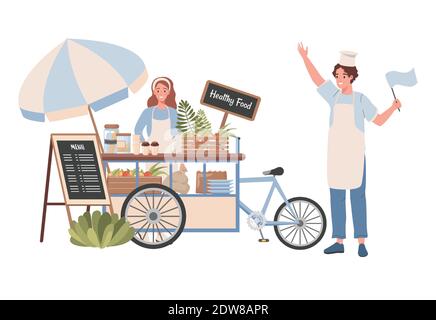 Chariot de rue avec des aliments et des boissons sains illustration à plat vectorielle. Une femme heureuse qui vend des aliments naturels sains et du café, un homme souriant invite les clients à leur chariot. Concept de Street Healthy Food. Illustration de Vecteur