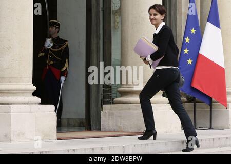 La ministre française des droits de la femme, des villes, des sports et de la jeunesse, Najat Vallaud-Belkacem, arrive à la réunion hebdomadaire du cabinet au Palais présidentiel de l'Elysée, à Paris, en France, le 03 juin 2014. Photo de Stephane Lemouton/ABACAPRESS.COM Banque D'Images