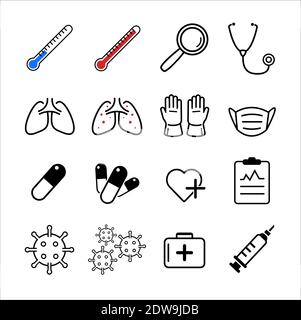 Ensemble de vecteurs d'icônes médicales. Kit avec thermomètre, loupe, poumons, gants, masque, pilules, coeur, presse-papiers, virus, valise et seringue. Illustration de Vecteur