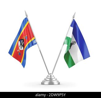 Lesotho et eSwatini Swaziland drapeaux de table isolés sur 3D blanc rendu Banque D'Images