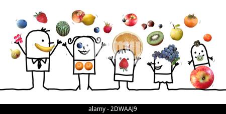 Dessin à la main - dessin animé Happy Family jouant et jouant à la jonglerie avec Fruits - Collage Banque D'Images