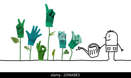 Dessin à la main – jardinier en dessin animé avec affiches vertes pour les mains en pleine croissance – Collage Banque D'Images