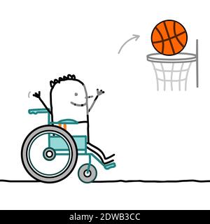 Dessin à la main dessin d'un garçon handicapé dans un fauteuil roulant jouant basket-ball Illustration de Vecteur