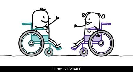 Un couple de personnes handicapées tirées à la main fait face à des fauteuils roulants Illustration de Vecteur