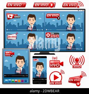 JEU d'icônes rouges D'EN VIVO - VIDÉO EN DIRECT EN ESPAGNOL - sur des fenêtres vidéo avec un journaliste qui rapporte les nouvelles sur un ordinateur, une tablette Illustration de Vecteur