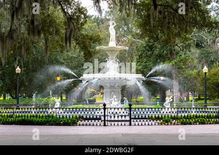 Forsyth Park Fountain à Savannah, Géorgie, États-Unis, Banque D'Images