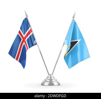 Les drapeaux de table Sainte-Lucie et Islande sont isolés en 3D blanche rendu Banque D'Images