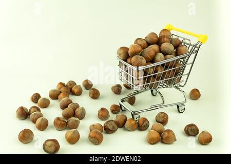 Noisettes nutritives dans un panier et dispersées sur le sol. Noisettes dans un panier. Orishki sain et diététique dans le panier. Wi en arrière-plan Banque D'Images
