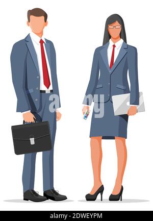 Femme d'affaires et femme d'affaires en costume gris isolée sur blanc. Femme d'affaires avec ordinateur portable, homme avec mallette. Employé ou travailleur de bureau, gestionnaire, ventes, commis de banque. Illustration vectorielle plate Illustration de Vecteur