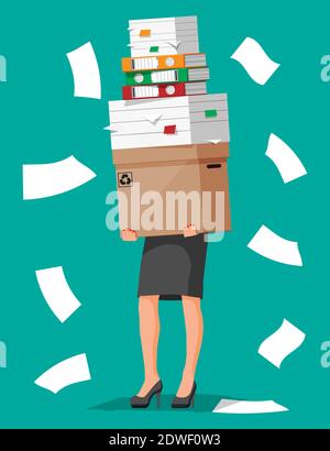 Une femme d'affaires stressée tient une pile de documents de bureau. Femme d'affaires surtravaillée avec des piles de papiers. Stress au travail. Bureaucratie, paperasserie, Big Data. Illustration vectorielle de style plat Illustration de Vecteur