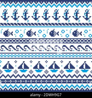Style marin écossais jacquard style traditionnel tricot vectoriel sans couture, voile design avec ancres, poissons et bateaux Illustration de Vecteur
