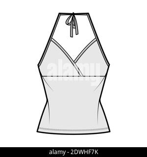 Haut tank de surf haut en jersey de coton illustration technique de la mode avec couture Empire, noeud, coupe cintrée, longueur tunique. Avant modèle d'extérieur plat, couleur grise. Femmes hommes unisexe CAD maquette Illustration de Vecteur