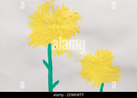 Dessin d'enfant de sept ans, deux fleurs jaunes sur papier blanc. Banque D'Images