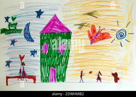 Dessin d'enfant de sept ans, concept d'amour, nuit et jour. Banque D'Images