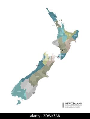 Carte détaillée du higt de la Nouvelle-Zélande avec subdivisions. Carte administrative de la Nouvelle-Zélande avec le nom des districts et des villes, coloré par les États et administrativ Illustration de Vecteur