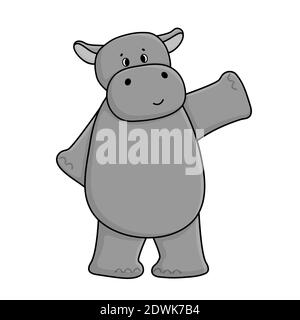 Mignon dessin animé gris hippo agite sa main, se tient sur le sol et sourit Illustration de Vecteur