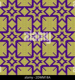 Tricot sans couture orné de flocons de neige dans des teintes violettes et jaunes, motif vectoriel comme texture de tissu Illustration de Vecteur