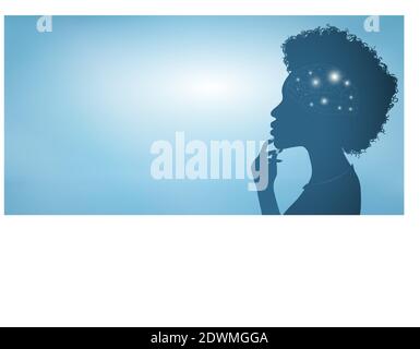 Penser à la silhouette d'une femme afro-américaine avec un symbole lumineux du cerveau et un doigt sur le menton. Concept de stratégie et de solution de développement du renseignement Illustration de Vecteur