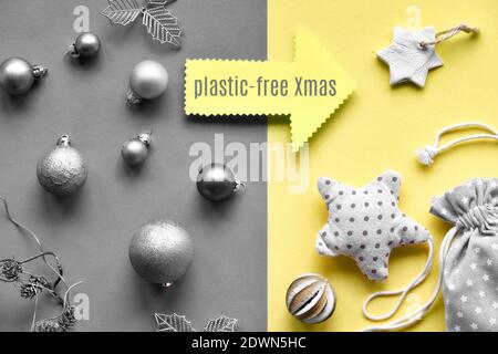 Concept Noël sans plastique. Passez des jouets en plastique aux décorations de Noël durables avec des matériaux naturels. Pose à plat, vue de dessus sur les calques Banque D'Images