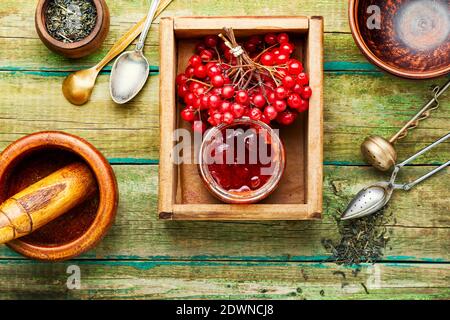 Pot en verre avec confiture et baies de viburnum Banque D'Images