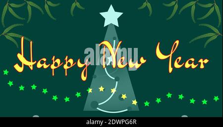 Texte de bonne année. Saint-Sylvestre. Arbre de Noël. Branches de sapin. Guirlande étoilée. Bannière horizontale d'hiver. Illustration vectorielle sur fond vert. Noël Illustration de Vecteur