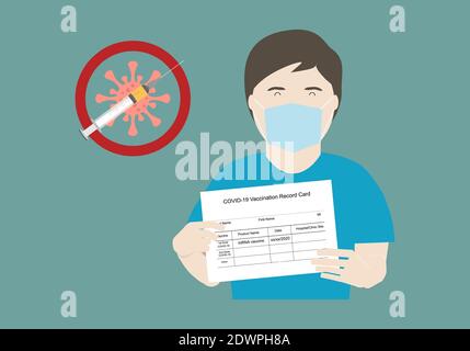 Concept de promotion de la vaccination contre la pandémie du coronavirus. Illustration d'un jeune homme adulte portant un masque facial portant une carte de vaccination. Illustration de Vecteur