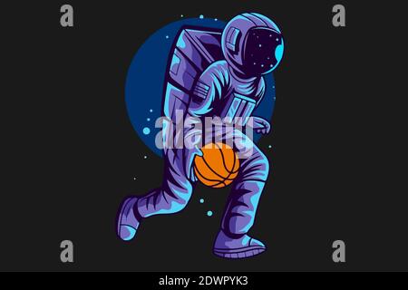 Illustration d'un astronaute jouant au basket-ball dans l'espace sur fond sombre Banque D'Images