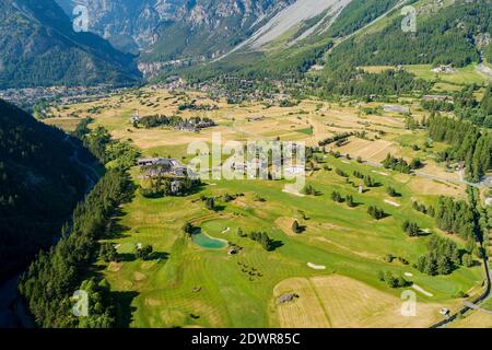 Bormio, Centre sportif, Valtellina (IT), vue aérienne panoramique Banque D'Images