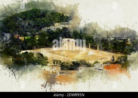 Illustration aquarelle Temple de Zeus olympique à Athènes, Grèce. Banque D'Images