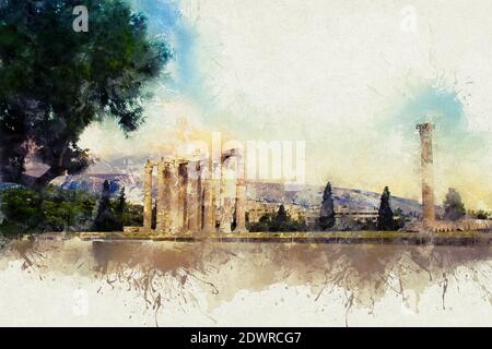 Aquarelle des illustrations d'un paysage magnifique sur du papier ancien. Temple de Zeus olympique à Athènes, Grèce. Panorama de la célèbre ruine grecque ancienne Banque D'Images