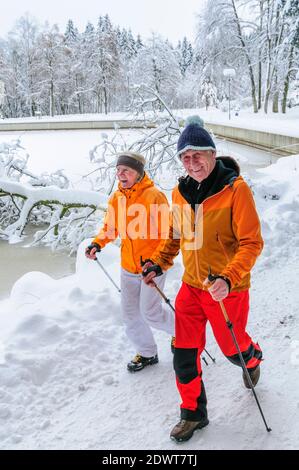 couple aîné sur l'exercice de marche nordique dans la nature vintry Banque D'Images