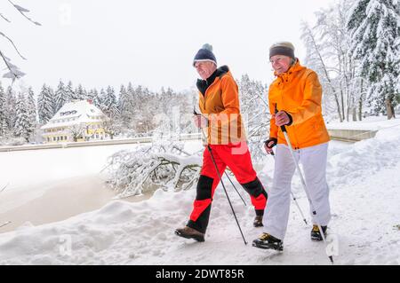 couple aîné sur l'exercice de marche nordique dans la nature vintry Banque D'Images