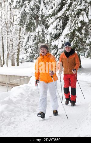 couple aîné sur l'exercice de marche nordique dans la nature vintry Banque D'Images