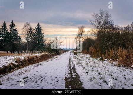 Randonnée d'hiver à travers le Ried Pfrunger jusqu'à la Tour Bannwald Près d'Ostrach dans la haute Souabe Banque D'Images